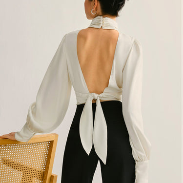 Backless Side Pleated Satin Blouse