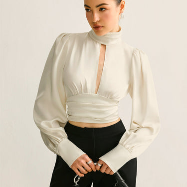 Backless Side Pleated Satin Blouse