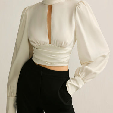 Backless Side Pleated Satin Blouse