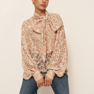 Semi-Sheer Bow-Front Lace Blouse