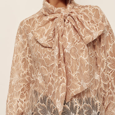 Semi-Sheer Bow-Front Lace Blouse