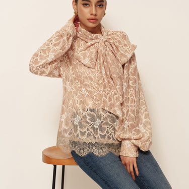 Semi-Sheer Bow-Front Lace Blouse