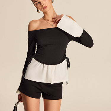 Bold Contrast Off-Shoulder Straight Neck Blouse