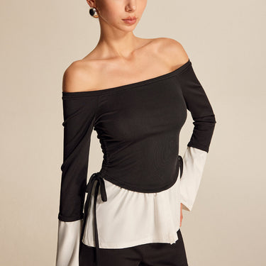 Bold Contrast Off-Shoulder Straight Neck Blouse