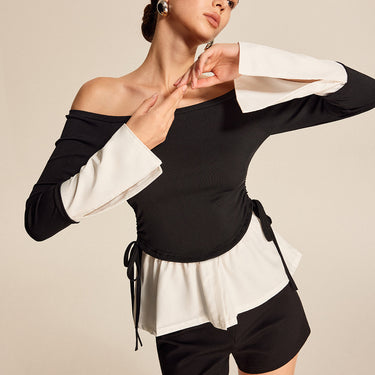 Bold Contrast Off-Shoulder Straight Neck Blouse