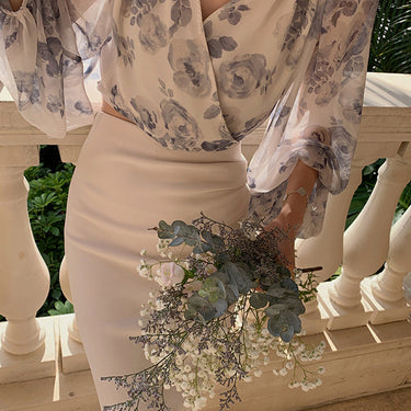 Chiffon Floral V-Neck Balloon Sleeve Blouse