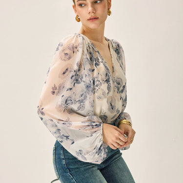 Chiffon Floral V-Neck Balloon Sleeve Blouse