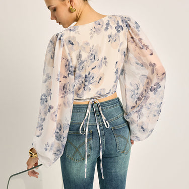 Chiffon Floral V-Neck Balloon Sleeve Blouse