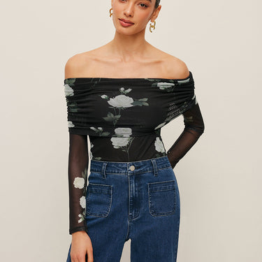 Floral Off-Shoulder Mesh Sleeve Top