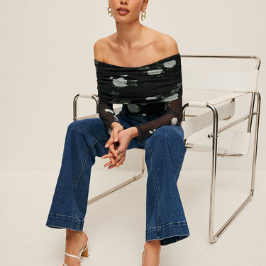 Floral Off-Shoulder Mesh Sleeve Top