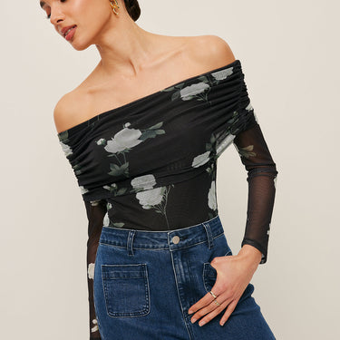 Floral Off-Shoulder Mesh Sleeve Top