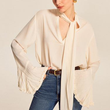 Bow Tie Pleated Cuff Chiffon Blouse