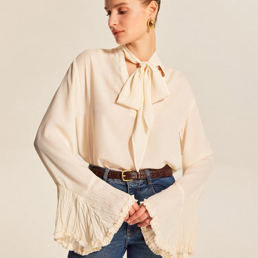 Bow Tie Pleated Cuff Chiffon Blouse