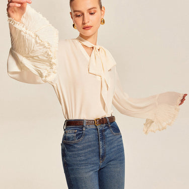 Bow Tie Pleated Cuff Chiffon Blouse