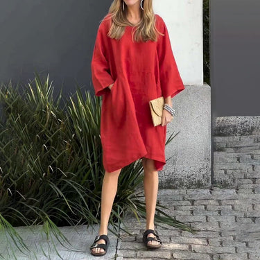 Solid Colour Loose Fit Dress with Pocket